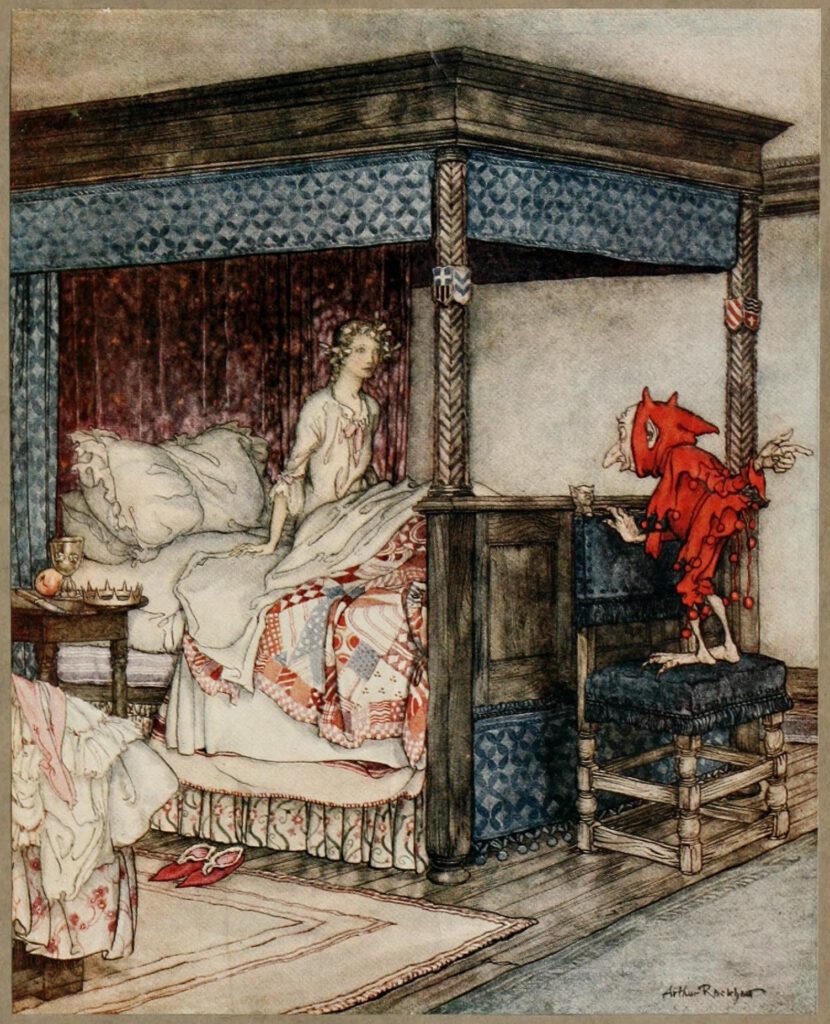 Kobold, rotgekleidet am Bett einer jungen Frau.